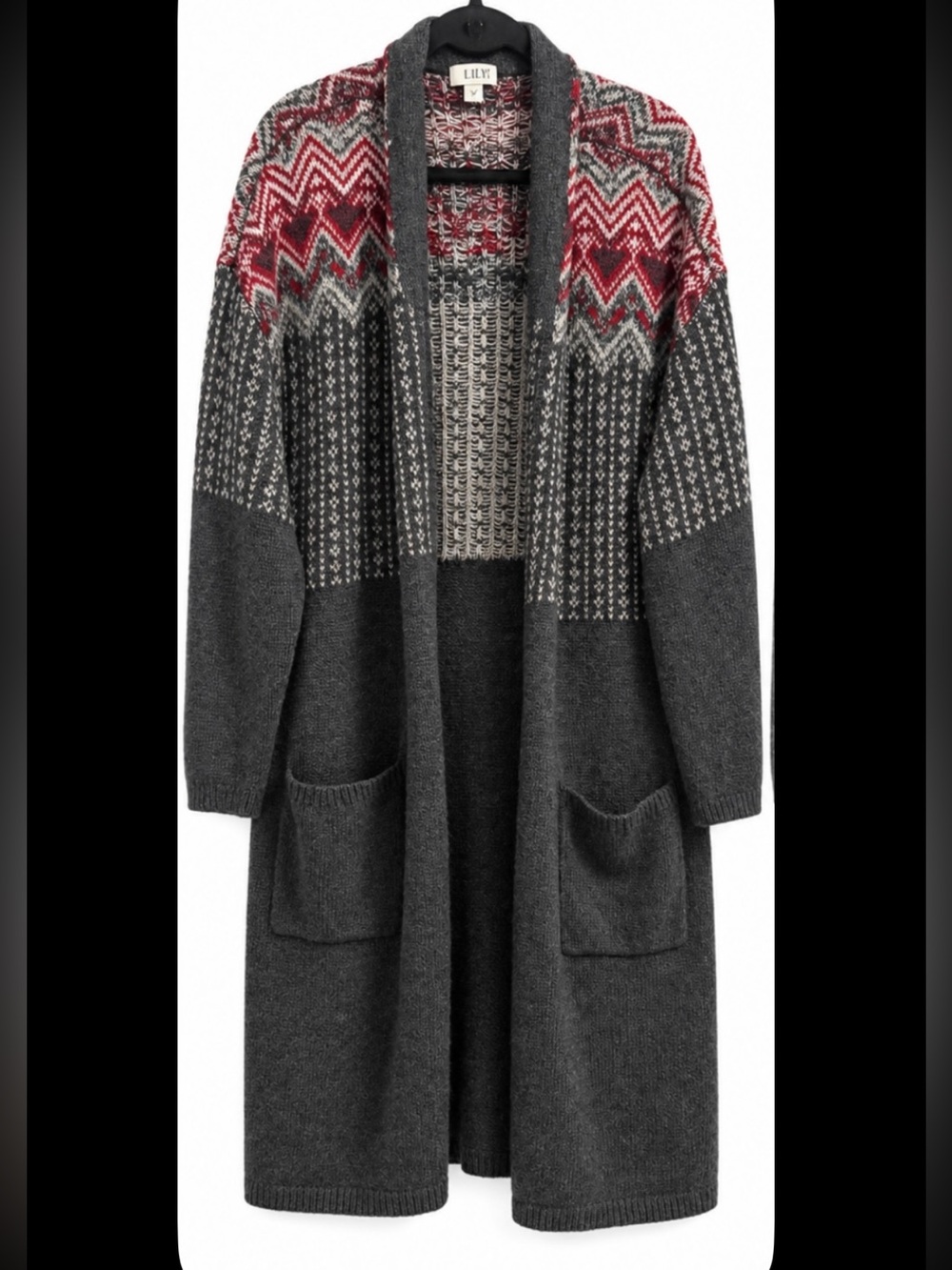 J. Jill Women's Gray and Burgundy Fair Isle Open Front Knit Cardigan Sweater - Picture 12 of 13